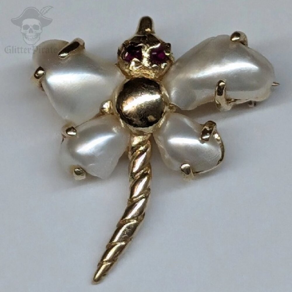 Vintage 14K Yellow Gold Dragonfly Brooch | Natural Ruby Eyes & Baby Tooth Pearls